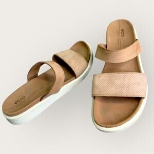 Ecco Leather Double Strap Slide Platform Sandals Women Size 10-10.5 Tan Open Toe